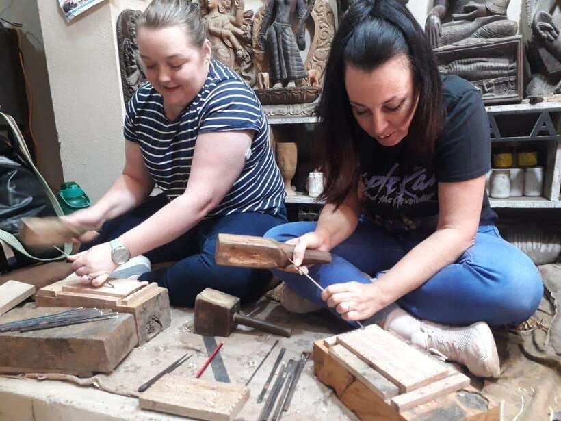 Kathmandu: Wood Carving Workshop with Local Artisan (Thamel) - Making the first cuts on a wooden block